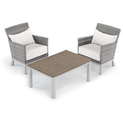 3pc Outdoor Seating Set with Argento Club Chairs with Lumbar Pillows & Travira Coffee Table - White/Brown - Oxford Garden