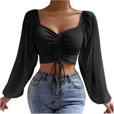 Sweetheart Neckline Crop Tops with Mesh Peasant Sleeve Adjustable Tie Ruched Bust Crop Tops Ribbed Tops with Bishop Sleeve