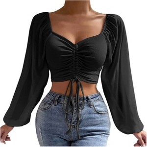 Sweetheart Neckline Crop Tops with Mesh Peasant Sleeve Adjustable Tie Ruched Bust Crop Tops Ribbed Tops with Bishop Sleeve - 1 of 4