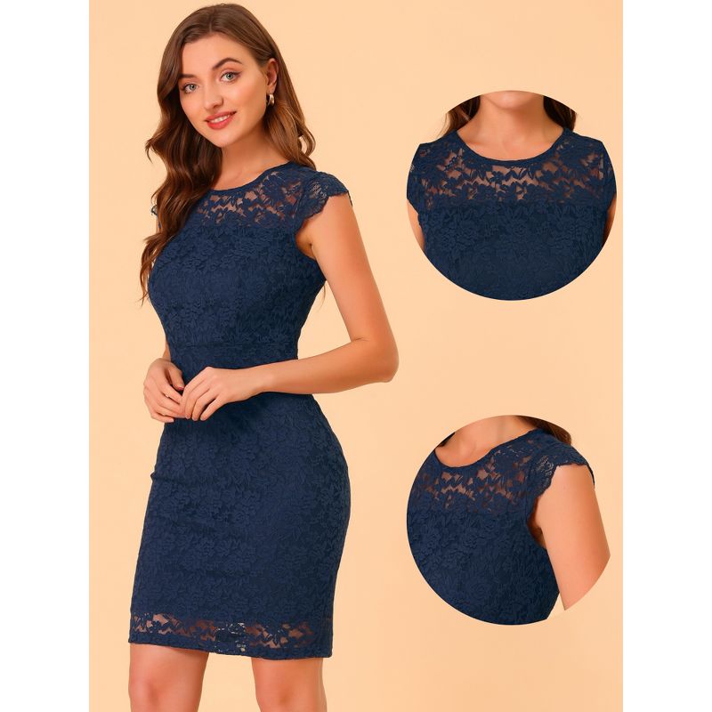 Allegra K Women's Elegant Stretch Knit Cap Sleeve Allover Floral Lace Bodycon Dress, 2 of 7