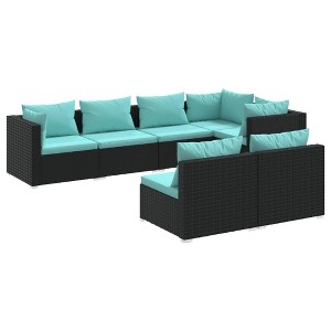 vidaXL 7 Piece Outdoor Lounge Set | Sturdy Black Poly-Rattan Patio Furniture | with Water-Resistant Cushions in Elegant Water Blue | Modular Design - 1 of 4