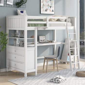 Twin Size Wood Loft Bed With Drawers, Desk And Shelves - ModernLuxe
