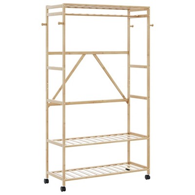 vidaXL Bamboo Clothes Rack/Brown Clothing Organizer with Shelves & Wheels