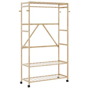 vidaXL Bamboo Clothes Rack/Brown Clothing Organizer with Shelves & Wheels - 1 of 4