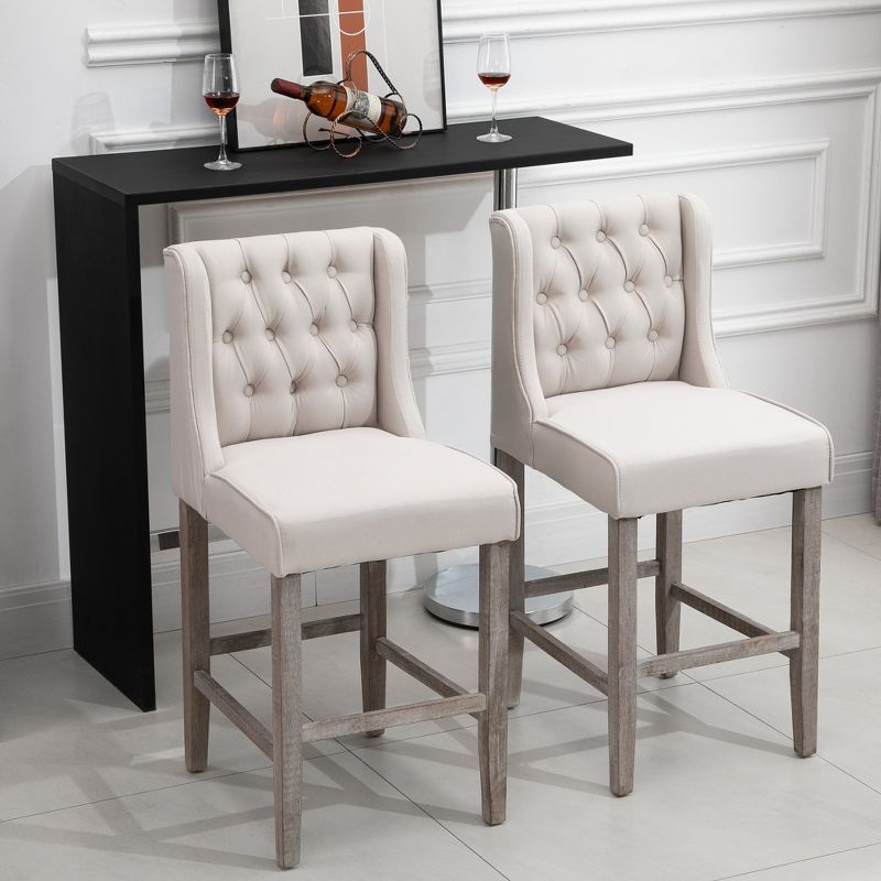 HOMCOM 26.25" Counter Height Bar Stools Set of 2, Tufted Wingback Armless Upholstered Dining Chair with Rubber Wood Legs, 3 of 8