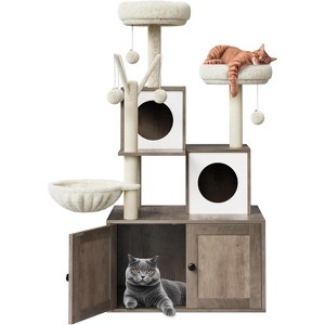 54.3" Cat Tree Tower with Hidden Litter Box Enclosure, Modern 2-in-1 Cat Condo with Plush Perch, Scratching Posts&Removable Pompom Toys - 1 of 4