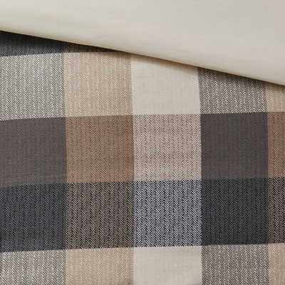 King/California King Neutral Herringbone Plaid Duvet Cover Set