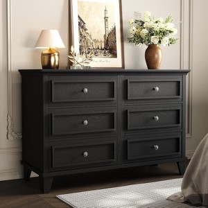 Farmhouse TV Stand and Dresser with 6 Drawers, Wide Double Dresser with Vintage Handles for Living Room, Bedroom, Gray - 1 of 4