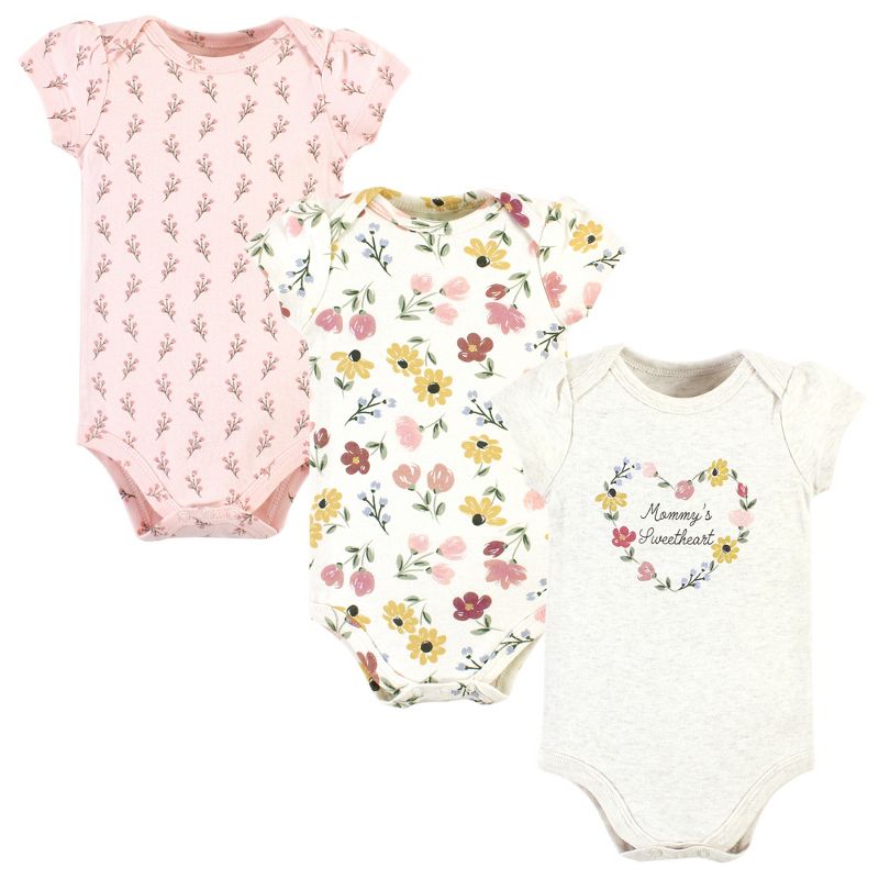 Hudson Baby Infant Girl Cotton Bodysuits, Soft Painted Floral 3-Pack, 1 of 6