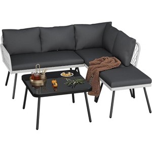 L-shaped Wicker Outdoor Furniture Set, 4-Piece Patio Sectional Sofa with Handmade Rattan, Conversation Couch Set with Coffee Table & Ottoman - 1 of 4