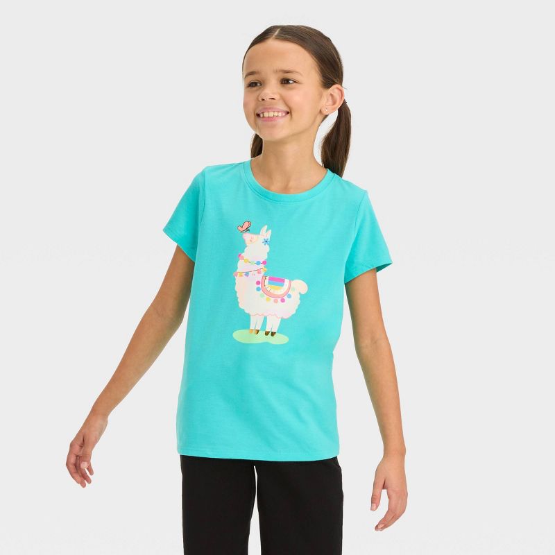 Girls' Short Sleeve 'Llama' Graphic T-Shirt - Cat & Jack™ Turquoise Blue, 1 of 5