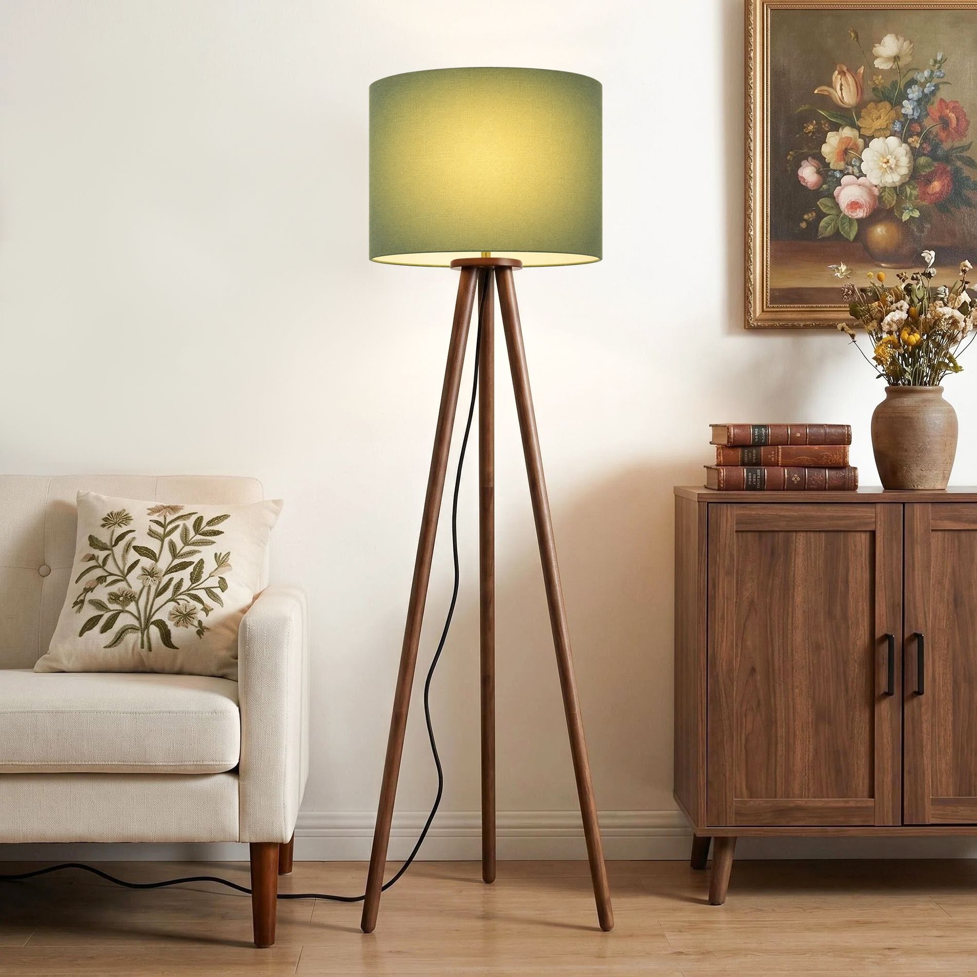 60.5" Natural Wood Tripod Floor Lamp, Nordic Style with White Linen Shade for Bedroom, Living Room, Study, Reading Room & Office