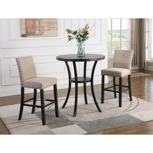 Roundhill Furniture Biony 3-Piece Round Espresso Finish Bar Table with 2 Fabric Nailhead Pub Chairs, Beige - 1 of 4
