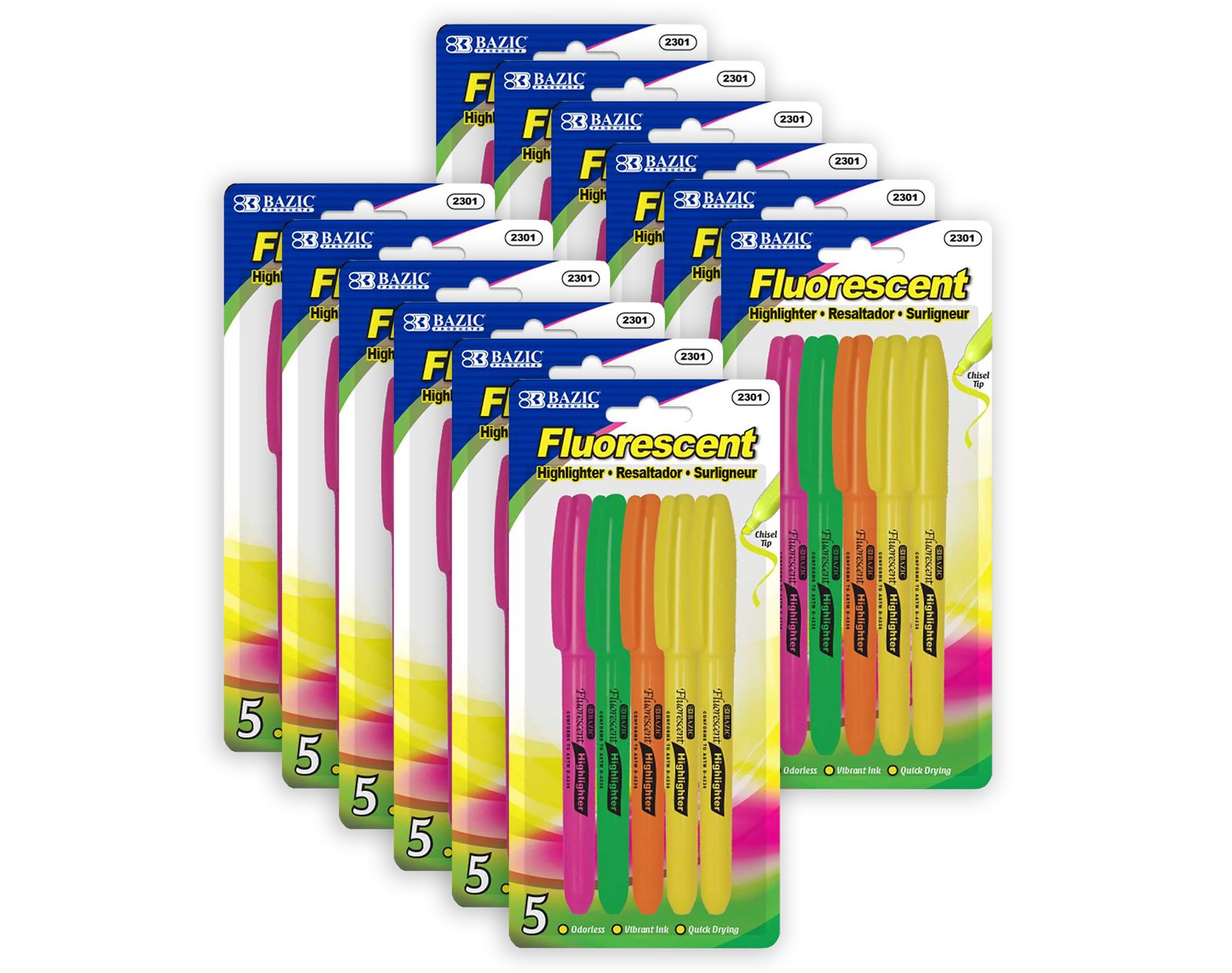 BAZIC Products® Pen Style Fluorescent Highlighters with Pocket Clip, 5 Per Pack, 12 Packs