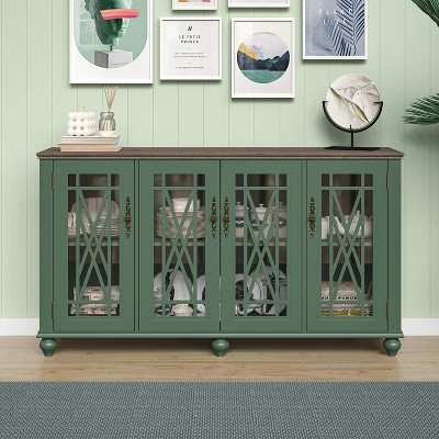 Green Vintage Style Wood Buffet Sideboard Cabinet with Glass Doors