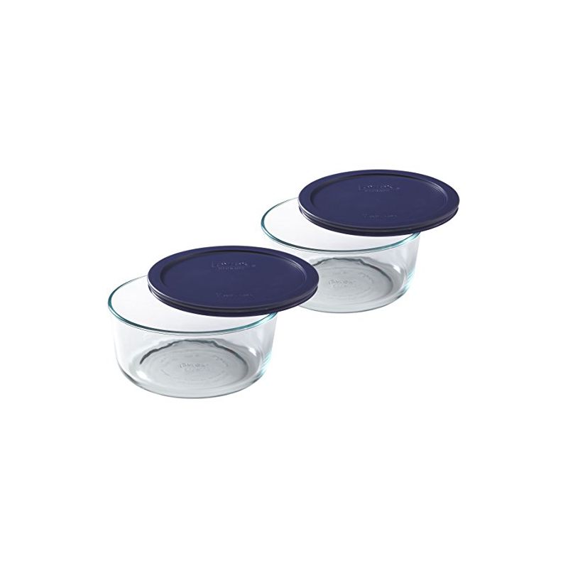 Pyrex Storage Plus 7-Cup Round Glass Food Storage Dish, Blue Cover, Pack of 2, 1 of 4