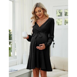 Coolmee Women V-neck Long Lantern Sleeve Waist Tunnel Drawstring Knee Length Maternity Dress Breastfeeding Dress - 1 of 4