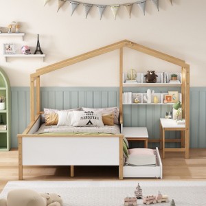 Full Size Wooden House Bed White and Original Wood Colored Frame with Drawer, Desk and Bookshelf for Children or Guest Room - 1 of 3