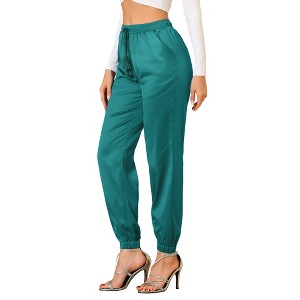 INSPIRE CHIC Women's Drawstring Elastic Waist Ankle Length Satin Joggers Pants with Pocket - 1 of 4