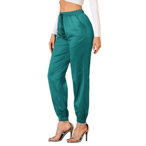 Unique Bargains Women's Drawstring Elastic High Waist Satin Cargo Pants