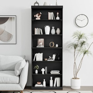 62" Black Wood Grain Doorless Decorative Storage Cabinet Bookcase - 1 of 4