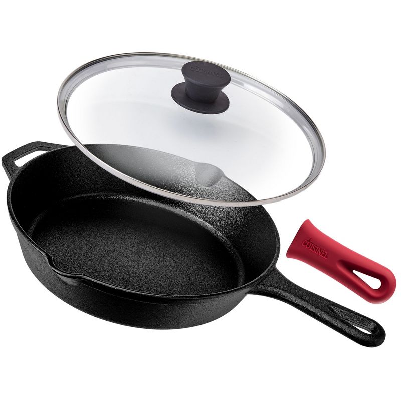 Cuisinel Cast Iron Skillet with Lid - 10"-Inch Frying Pan + Glass Cover + Heat-Resistant Handle Holder, 1 of 4
