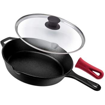 Cuisinel Cast Iron Skillet with Lid - 10"-Inch Frying Pan + Glass Cover + Heat-Resistant Handle Holder