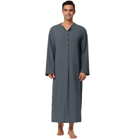 Lars Amadeus Men's Night Sleep Cotton Side Split Long Gown with Pockets  Gray Small