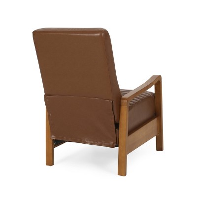 Munro Cognac Brown Faux Leather Recliner with Teak Wood Frame