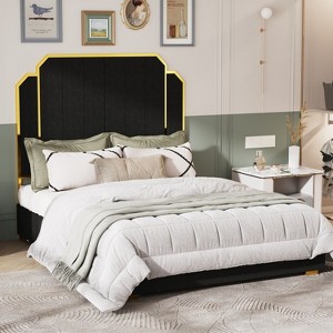 NicBex Queen Upholstered Bed Frame with 59.06" Tall Headboard,Wood Platform Bed with Golden Plating Trim,Easy Assembly,No Box Spring Needed - 1 of 4
