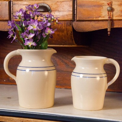 Large Beige and Blue Stoneware Pitcher Vase for Hot or Cold Beverages