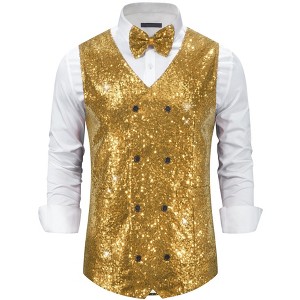 Lars Amadeus Men's V-Neck Slim Fit Double-Breasted Party Disco Prom Nightclub Sleeveless Sequin Vest - 1 of 4