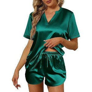 Ekouaer Silk Pajamas for Women Short Sleeve Satin Sleepwear Two-piece Pjs Set Soft V Neck Loungewear - 1 of 4