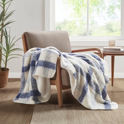 Blue and White Reversible Faux Mohair Sherpa Throw Blanket