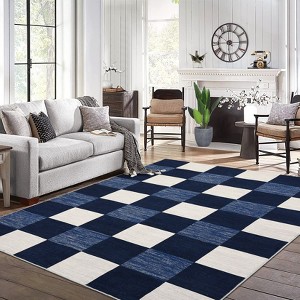 Washable Modern Checkered Plaid Rug Non Slip Low Pile Rug Soft Geometric Throw Floor Cover Foldable Indoor Carpet for Living Room Bedroom Playroom - 1 of 4