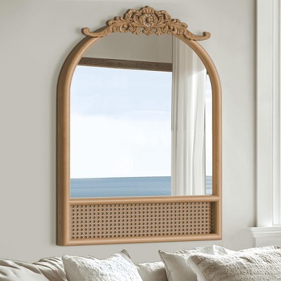 MAYEERTY 35.83x24.02x1.57in Solid Wood Carved Rattan Right-Angle Arch Brown Hanging Mirror