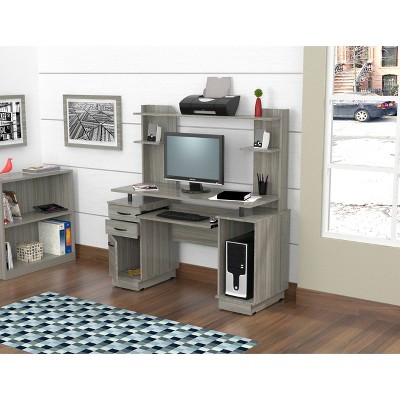 Smoke Oak Computer Work Center with Hutch and Storage