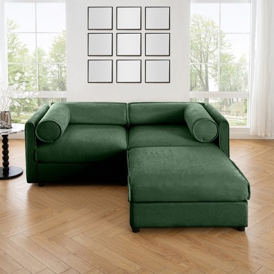 DOMETOUR Green Chenille 2-Seater Sofa with Ottoman Storage, Cylindrical Backrest, Modern Loveseat with Hidden Storage