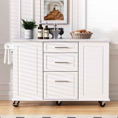 Kitchen Island with Drop Leaf and Tilt-Out Trash Cabinet, Rolling Cart with Door and Towel Bar, MDF Frame Kitchen Island-Coolbibila