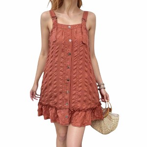 Anna-Kaci Women's Textured Button Front Overall Dress with Adjustable Straps and Ruffle Hem Detail - Medium, Burnt Red - 1 of 4