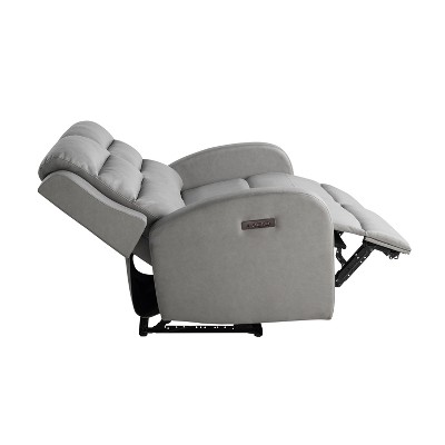 Gray Faux Leather Channel Tufted Reclining Loveseat with Acacia Wood