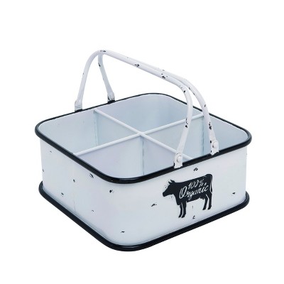 Transpac Farmhouse Distressed Cow White Black Metal Decorative Milk Bucket with Handle Catchall Caddy, 11.0 inch