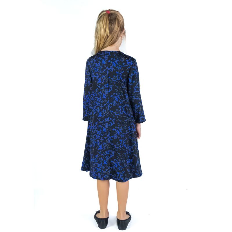 24seven Comfort Apparel Girls Black and Blue Long Sleeve Loose Fit Knee Length Tunic Pocket Dress, 3 of 5