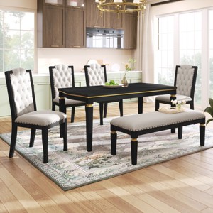 6-Piece Dining Table Set with Upholstered Tufted Chairs and Bench, Solid Wood Frame and 60in Rectangular Table for Modern Kitchen-Cuddlewood - 1 of 4