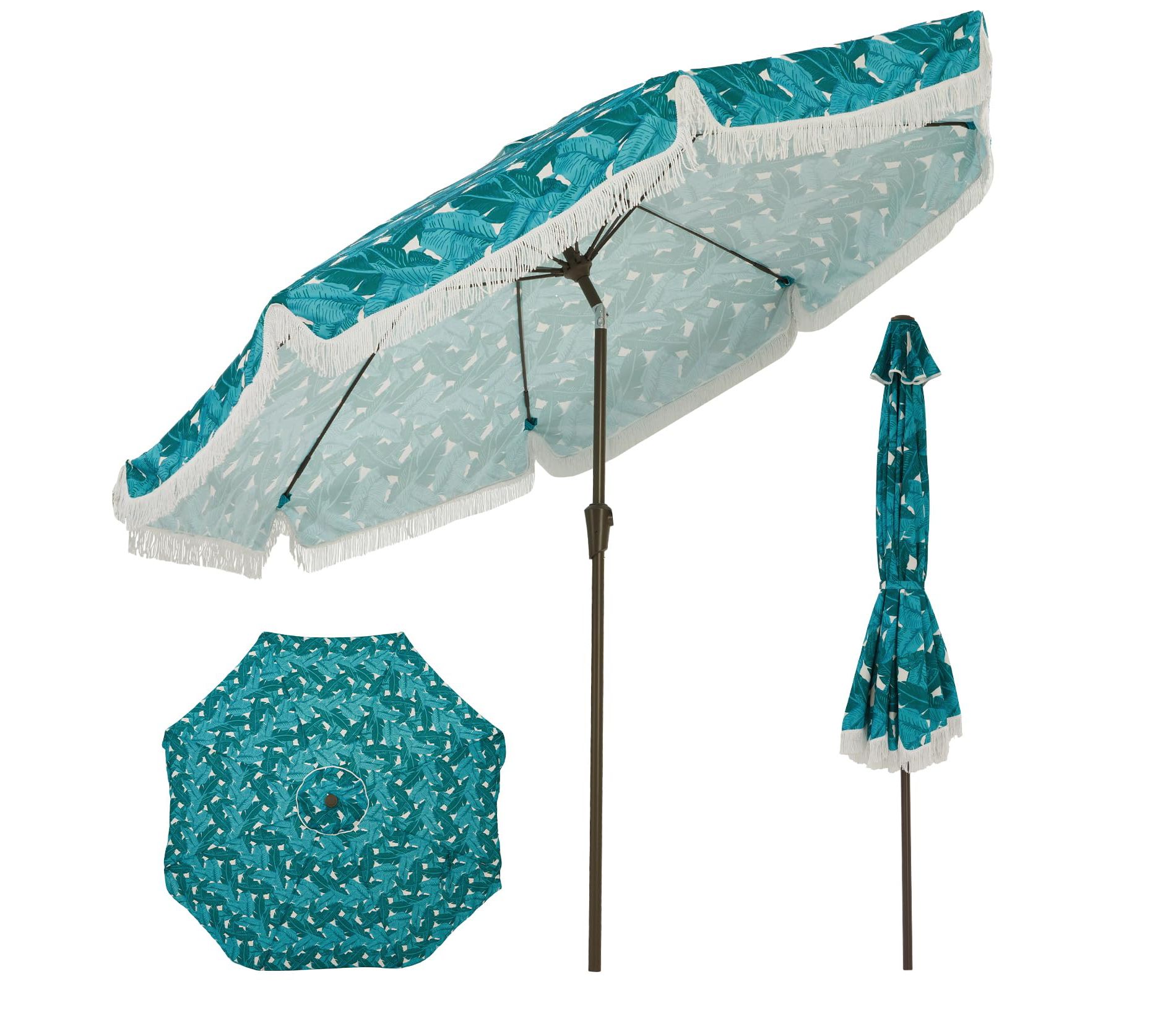 Fringe Patio Umbrella with Crank Handle, Push Button Tilt for Sun Shade, 8 Fiberglass Ribs, for Patio Beach Pool Backyard