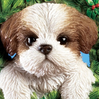 Hand-Painted Brown Shih Tzu in Evergreen Wreath Ornament