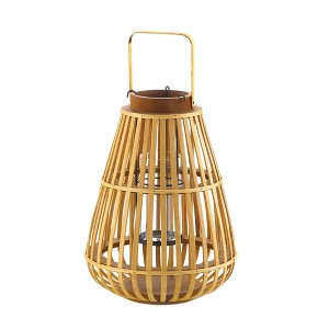 13.75" Wood Slat Outdoor Lantern Tan - Zingz & Thingz: Patio Candle Holder, Bronze Plated Finish - 1 of 3