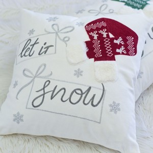 Gulches "Let It Snow"Embroidered Throw Pillow,20x20" Square Cotton Cushion with Red Knit Hat Design,Christmas Accent for Couch with Pine Needle Trim - 1 of 4