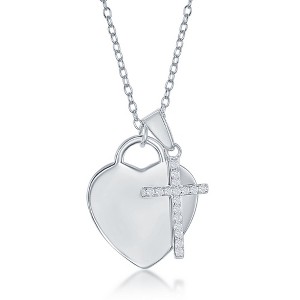 Bella Silver Sterling Silver Shiny Engravable Heart with Small CZ Cross Necklace - Silver - 16+2 Inch - 1 of 2