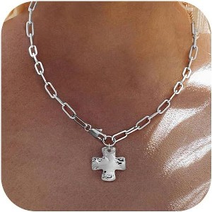 Layered Chunky Cross Necklace 14K Gold Silver Non Tarnish Statement Jewelry - 1 of 4